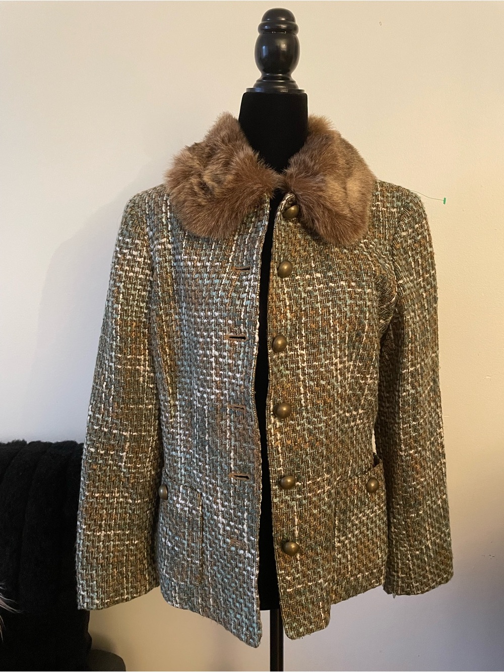 Kasper Tweed Jacket with Faux Fur Collar in Brown & Tan